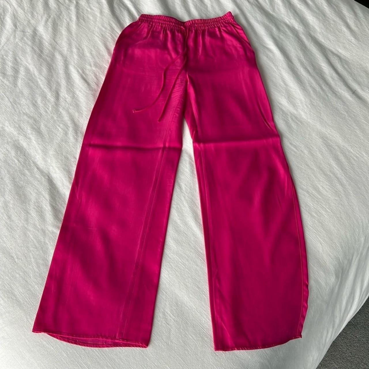Bright pink silk/satin Zara trousers. Front and back... - Depop