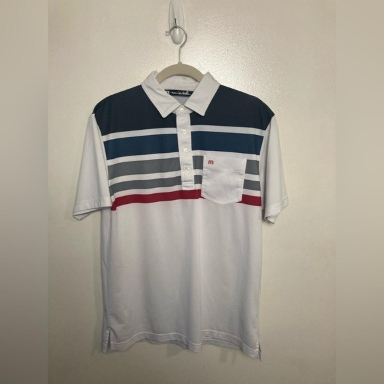 Travis Mathew white polo shirt with multicolored... - Depop
