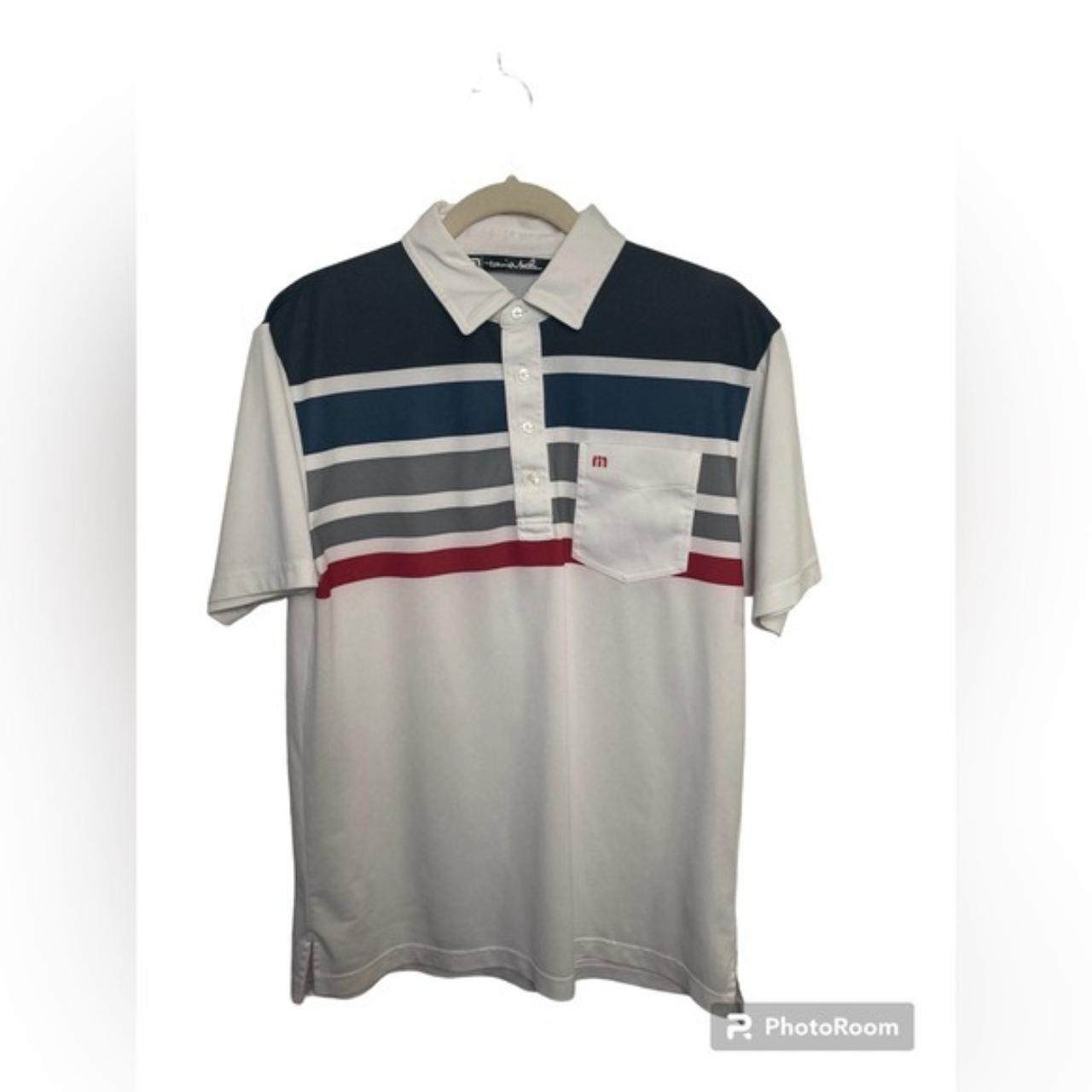 Travis Mathew white polo shirt with multicolored... - Depop