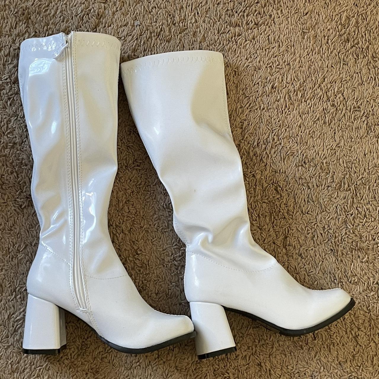 White gogo boots Size 5 Worn once, small scratch... - Depop