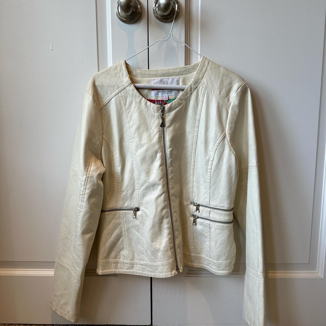 Vintage white leather jacket with zip-up front and... - Depop