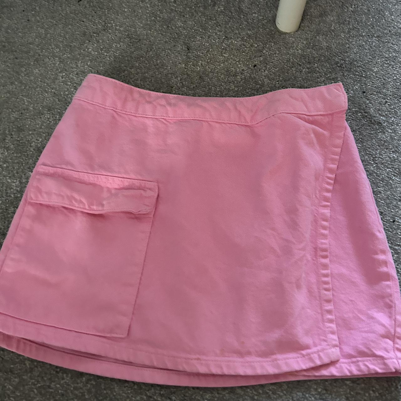 pink primark denim cargo cross over skirt so... Depop