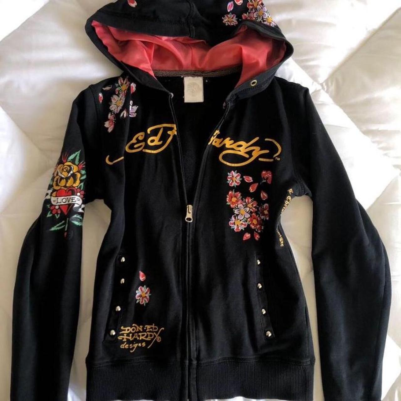 Ed hardy zip up hoodie floral design studded... - Depop