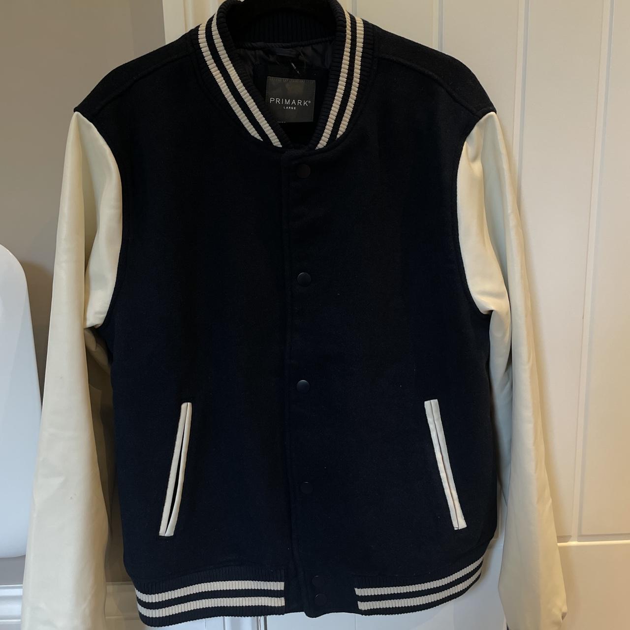 Navy Blue and White Varsity Jacket 🏈 Primark Size : L - Depop