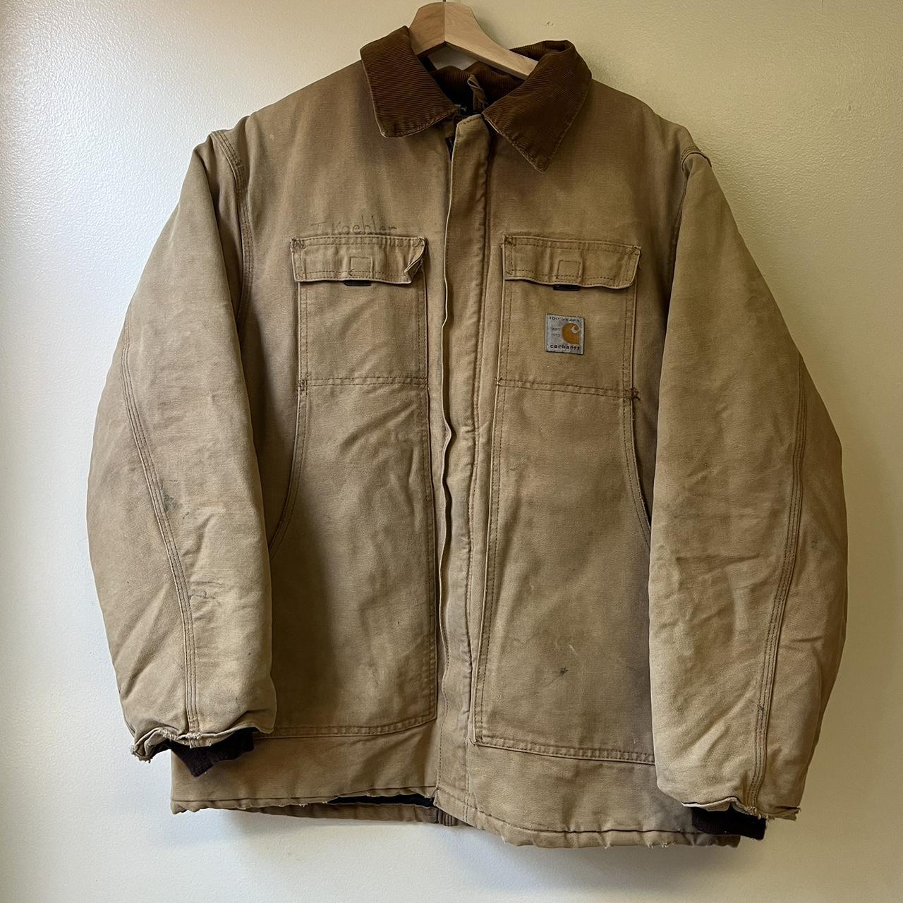 Vintage 1989 Carhartt jacket -Tan w/ dark brown... - Depop