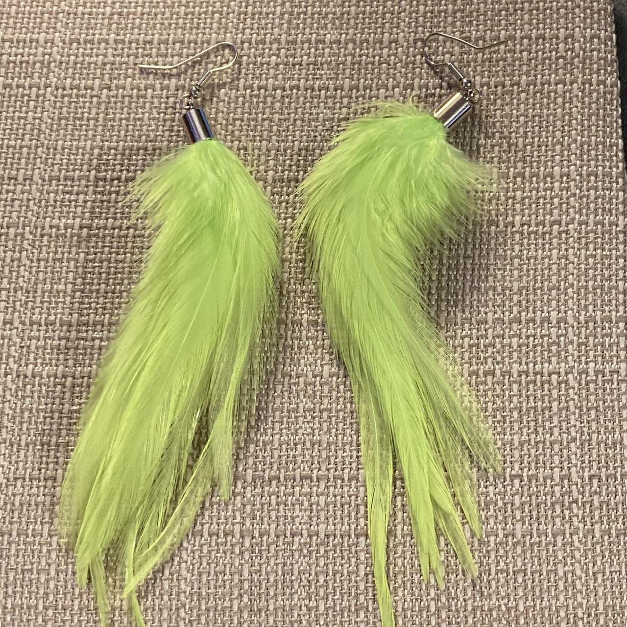 Grinch Green Long Feather Hook Earrings Grinchmas... - Depop