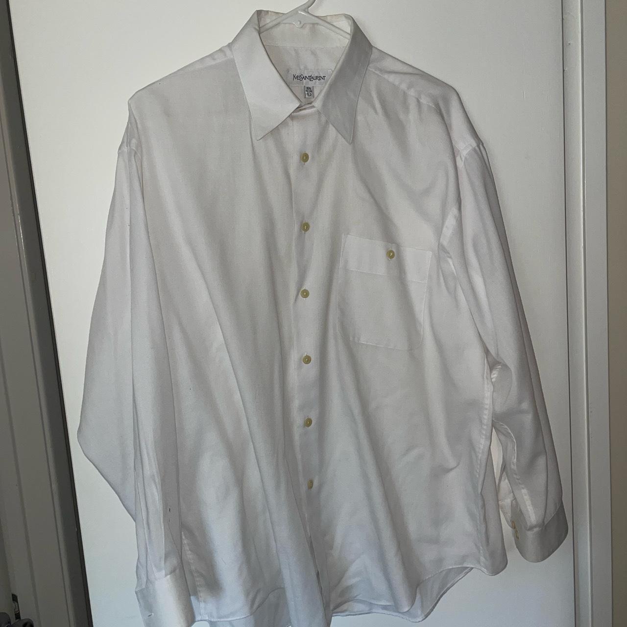 YSL White Linen button up shirt. Fits like a L.... - Depop