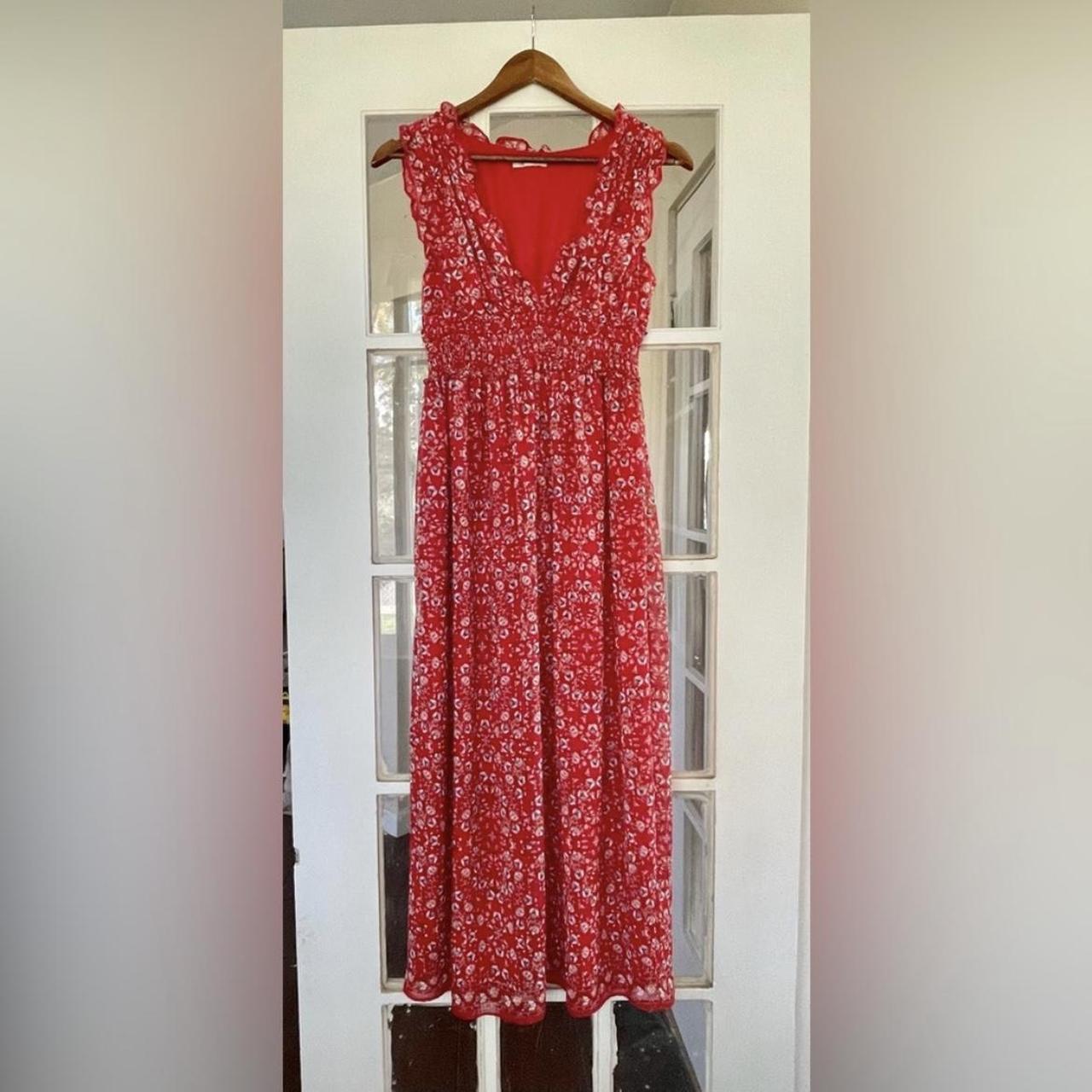 Red Floral Max Studio Maxi Dress with plunging... - Depop