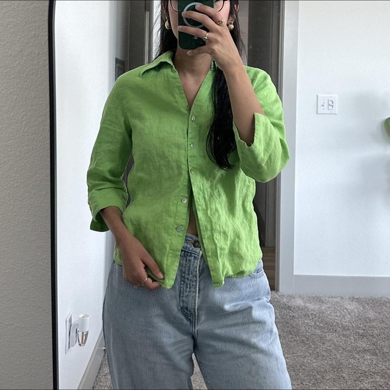 Green linen button down size M 100 linen... Depop