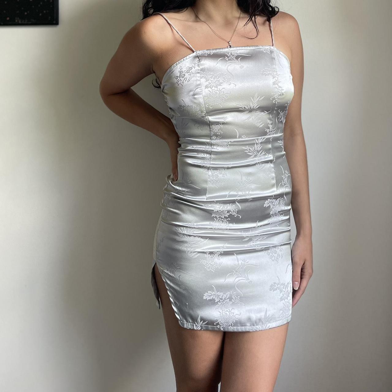 Silver satin oriental lace up back bodycon dress sale