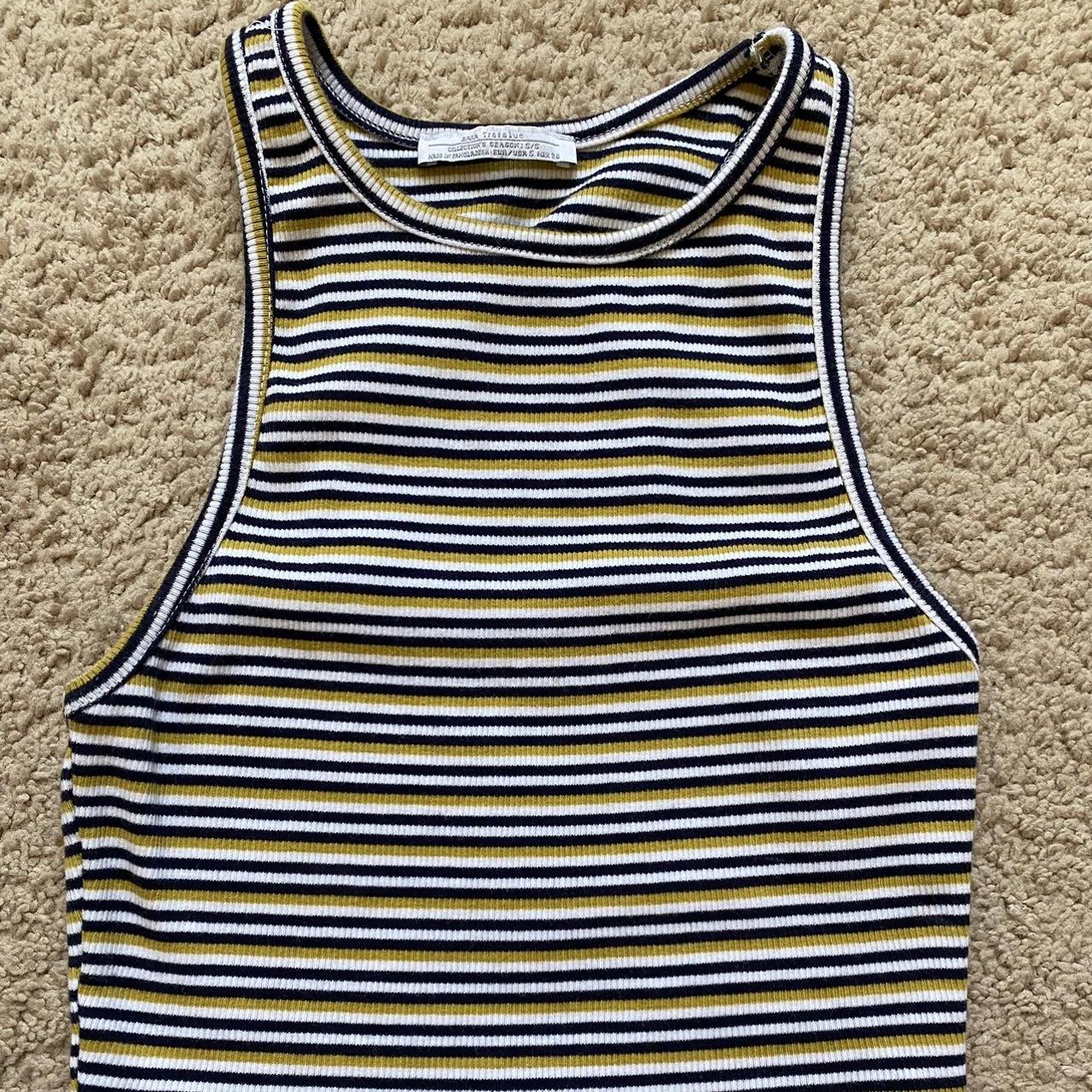 Blue, Yellow, white striped Zara crop top. One... - Depop