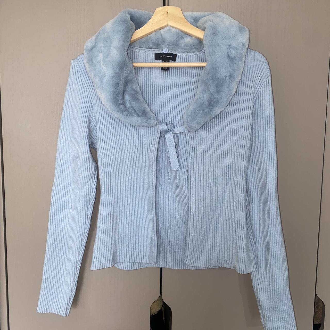 Baby blue cardigan with fur trim collar. (Detachable) Depop