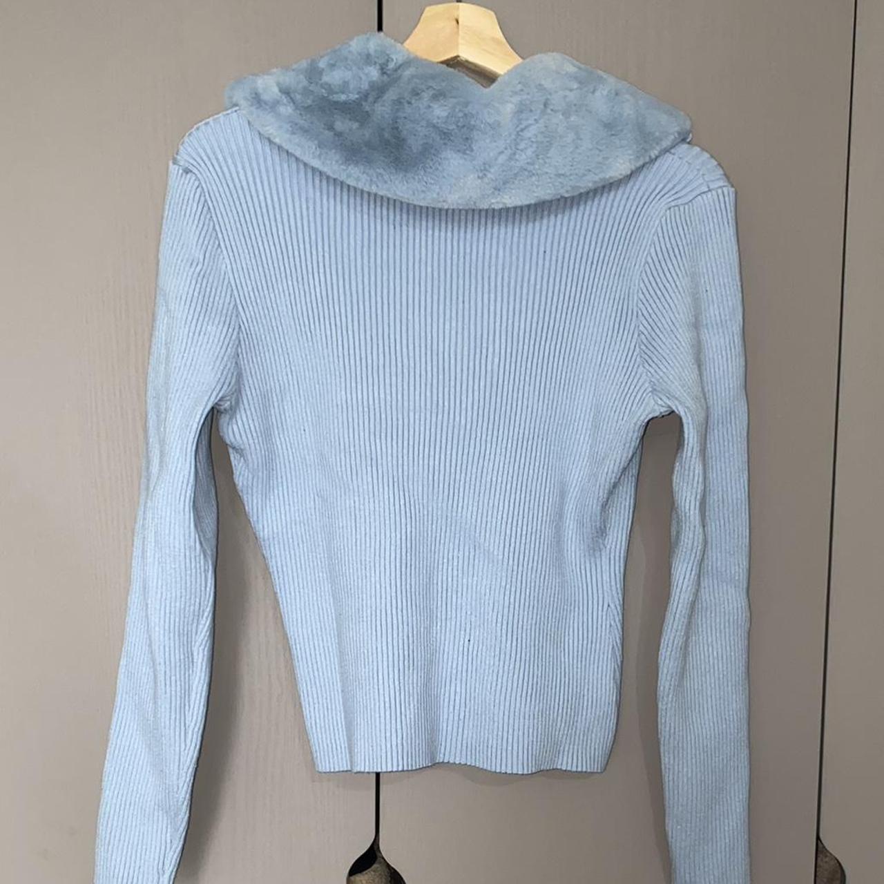 Baby blue cardigan with fur trim collar. (Detachable) Depop
