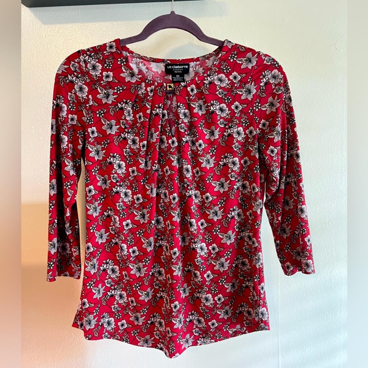 Liz Claiborne Career Petite Red Floral 3/4 Sleeve... - Depop