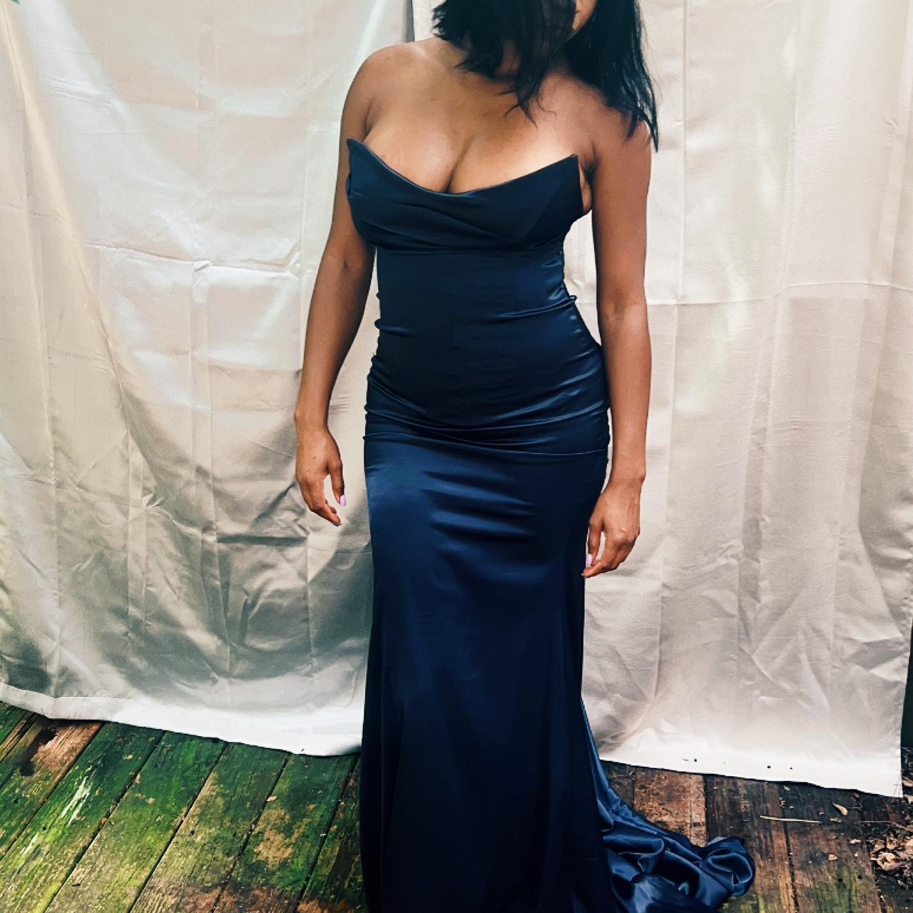 Satin Navy Blue evening gown. Very long. Very sexy