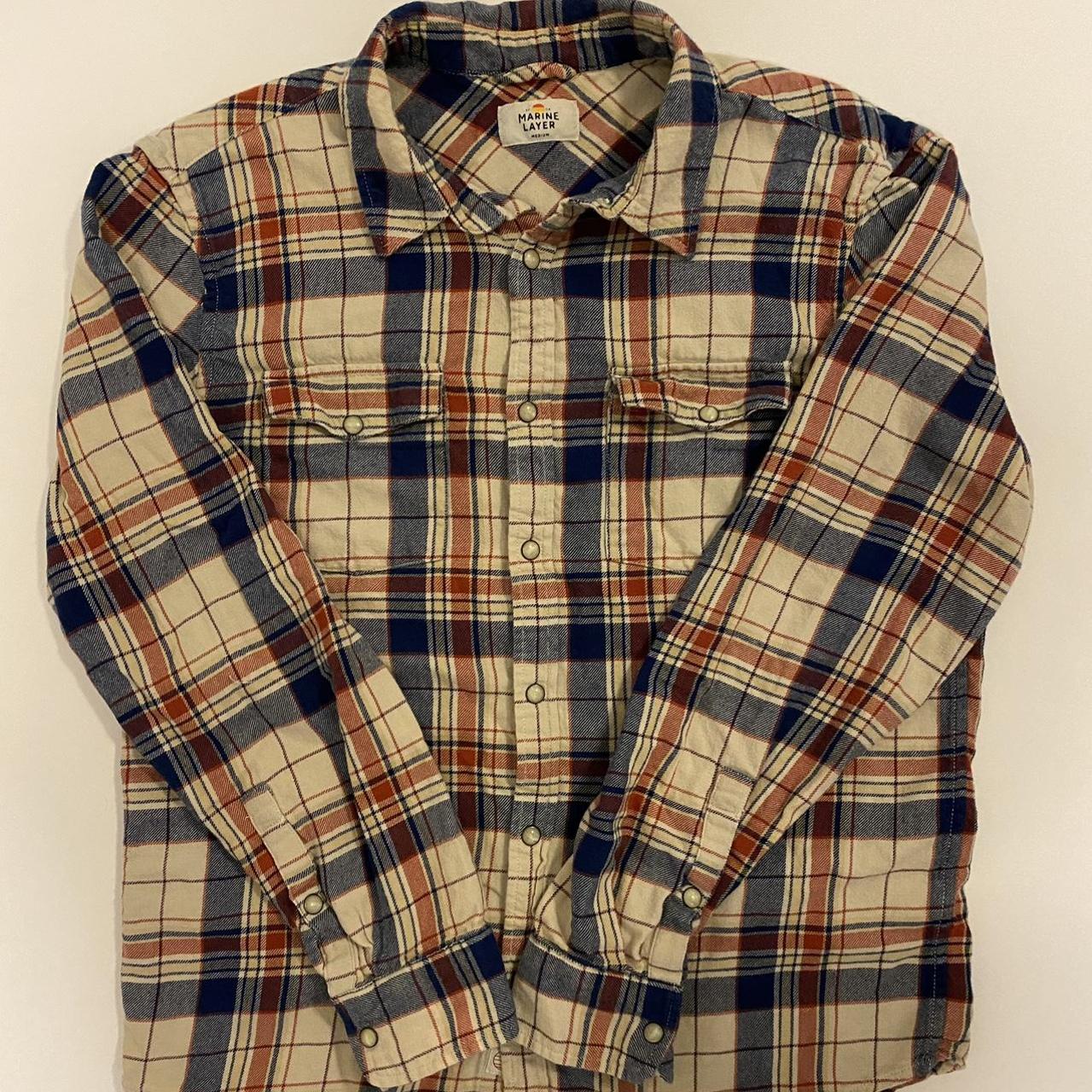 Marine Layer Flannel Size: Women Medium Color: Blue... - Depop