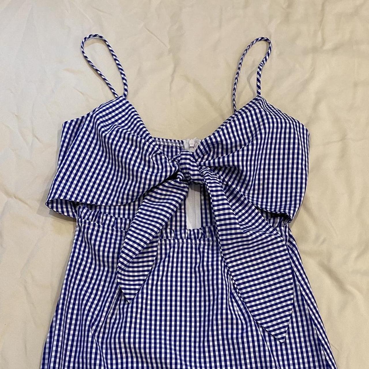 Blue and white gingham mini dress with... - Depop