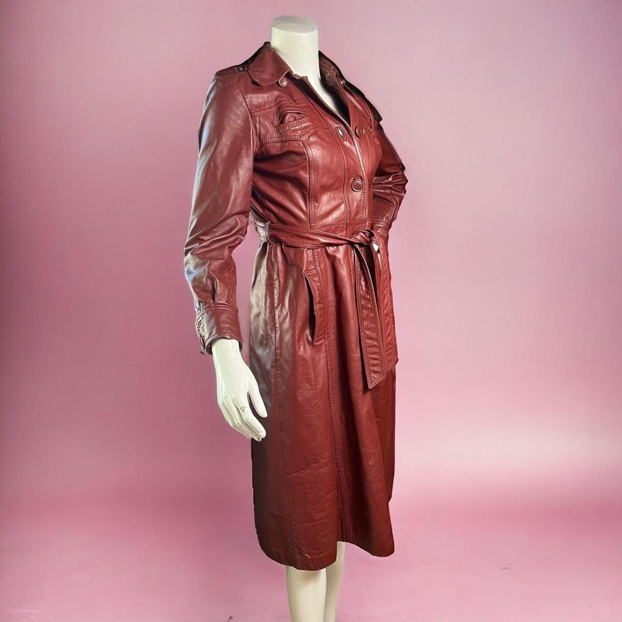 Vintage red leather factory trench coat, belted 70s jacket size small