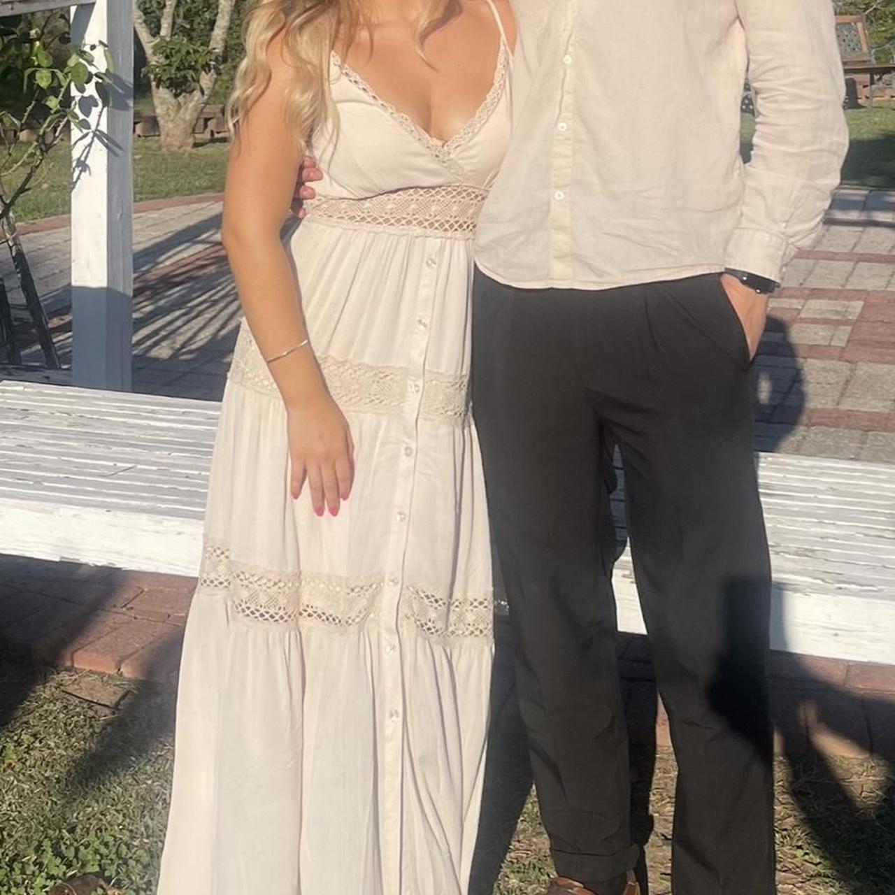 cream colored maxi dress with lace trim - bought at... - Depop