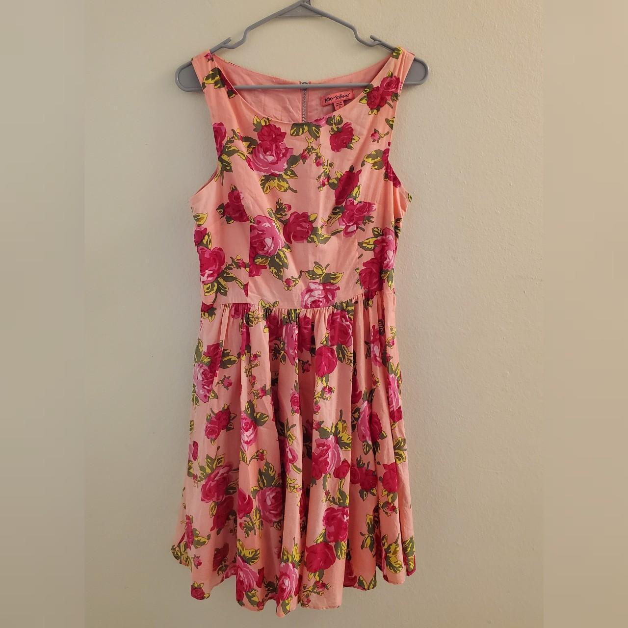 Betsey Johnson - Pink, Red & Green Rose Print... - Depop