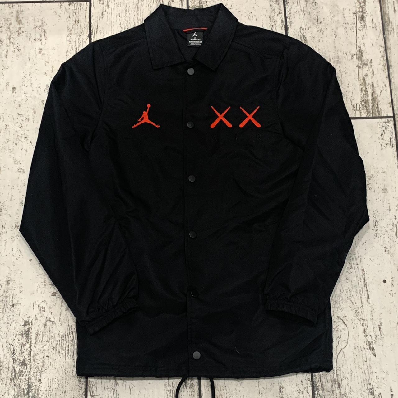 Air Jordan X Kaws Satin Coaches jacket black and red. Depop