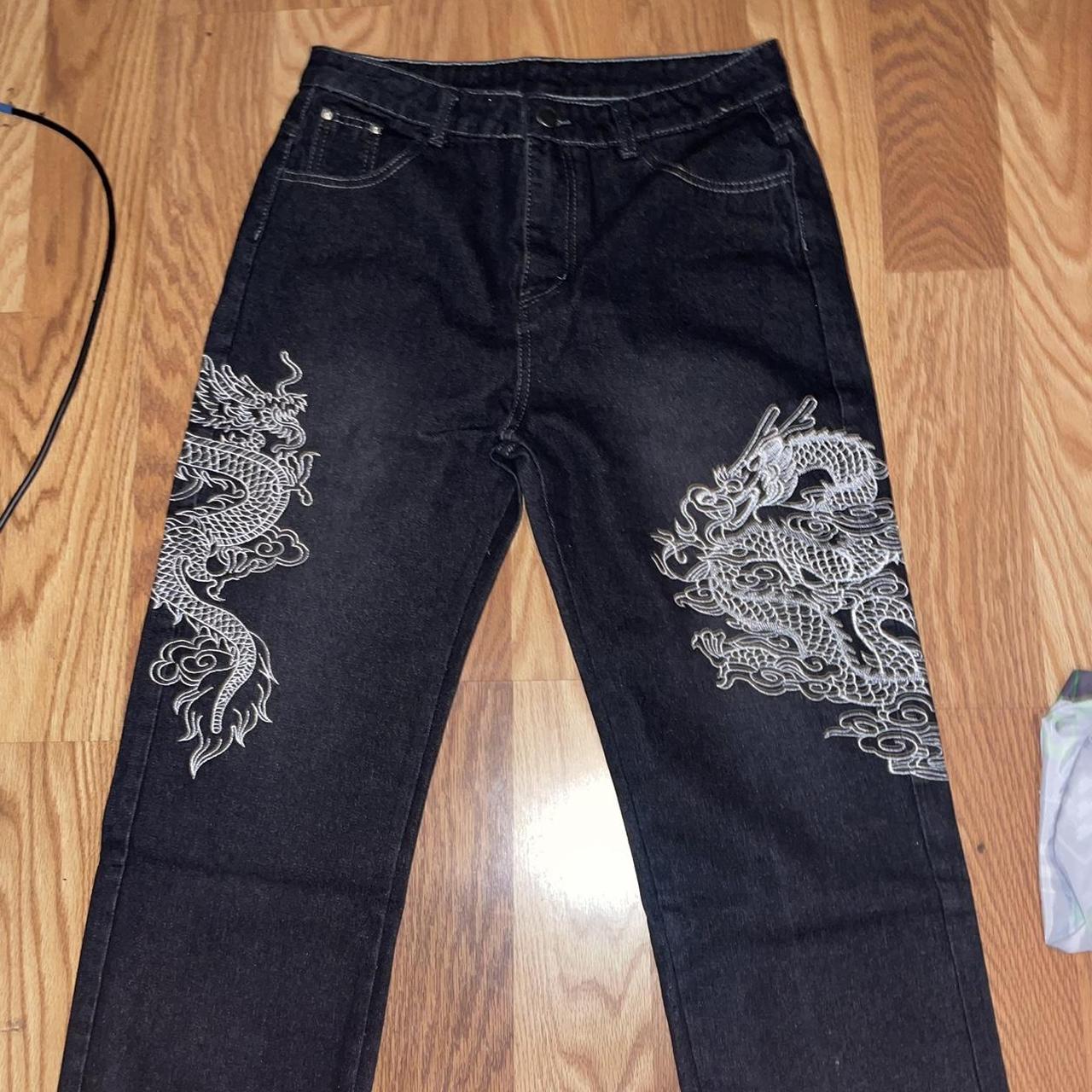 y2k/2000s baggy black embroidered dragon jeans the... - Depop