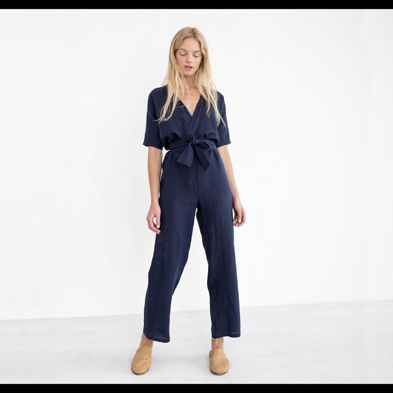 Navy linen jumpsuit with wrap front and tie waist! - Depop