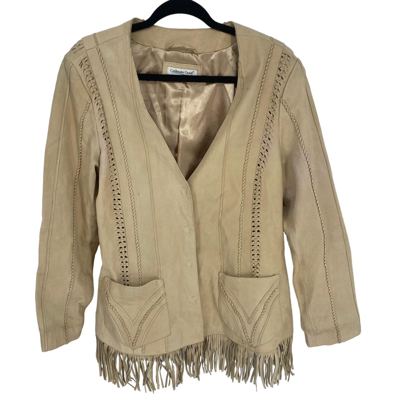 Boho tan fringe leather deals coat jacket Coldwater Creek