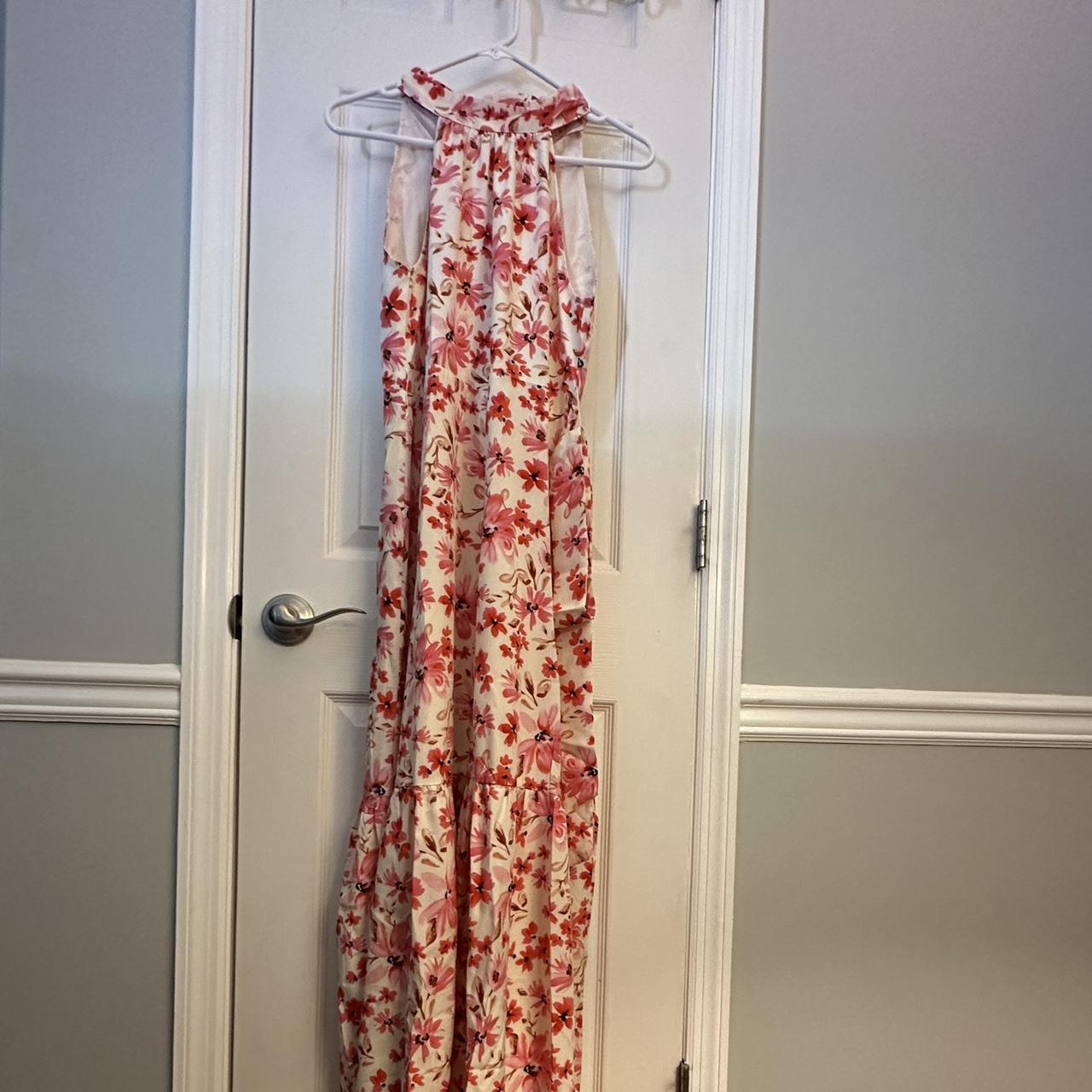 long pink halter neck floral maxi dress -size S -... - Depop