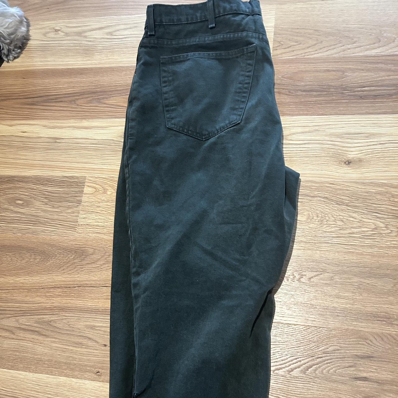 dark green denim jeans, cut bottoms, 40x28, fits... Depop