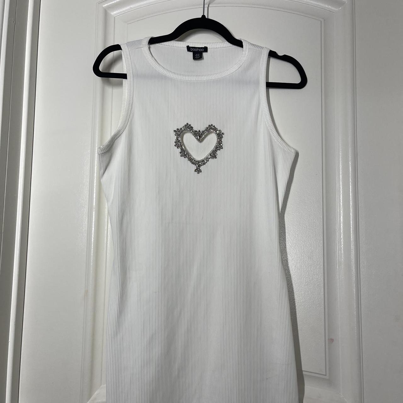 heart-shaped cutout rhinestone trim mini dress in white - Depop