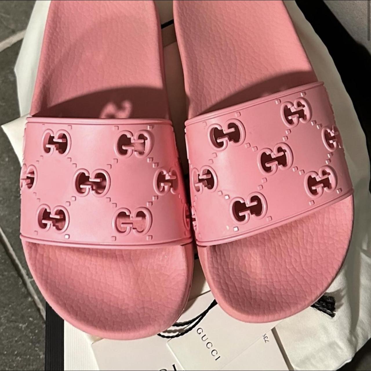 Gucci logo cut out pool slide, rubber in pink. Size... - Depop