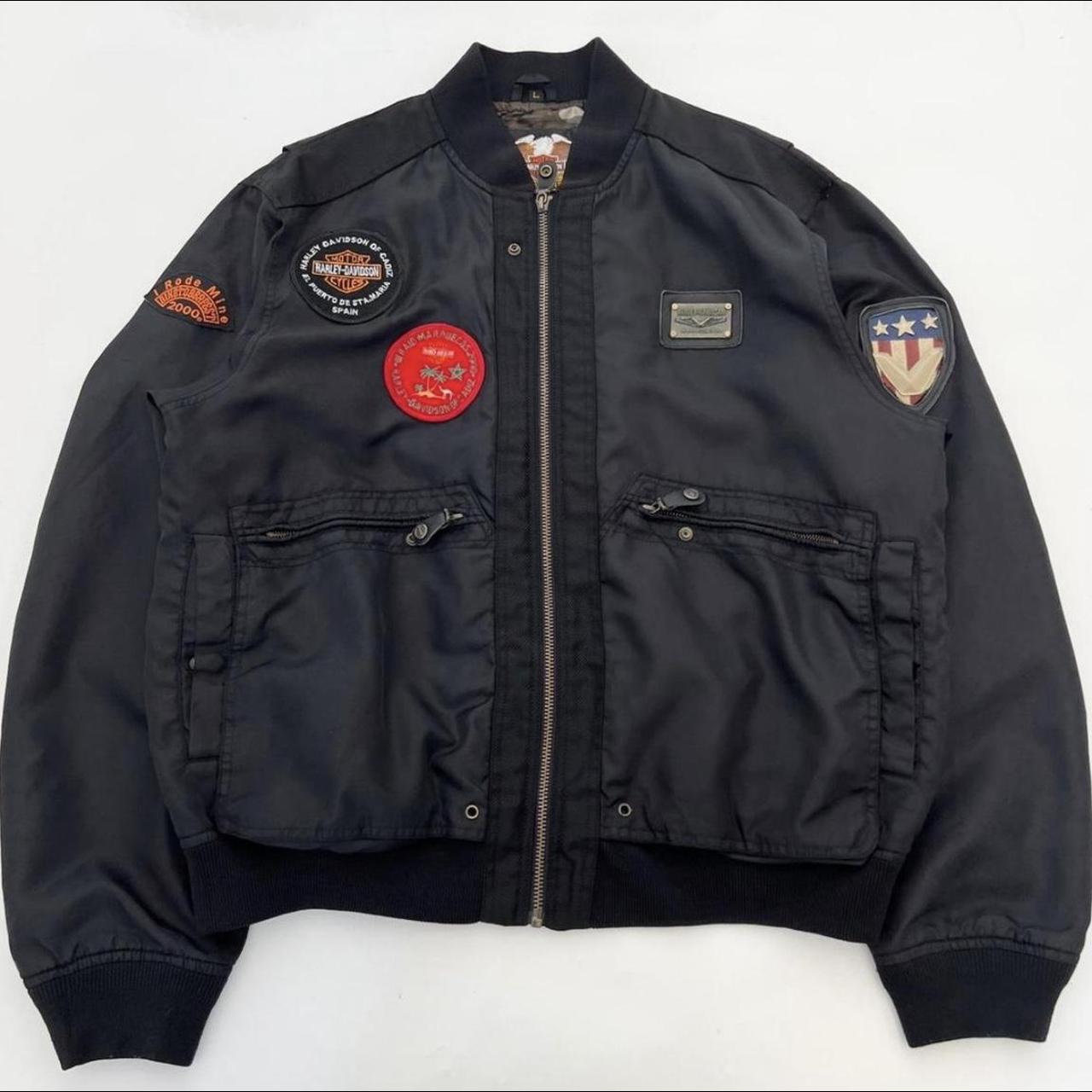 🖤 Harley Davidson Patch Zip-Up Bomber Jacket... - Depop