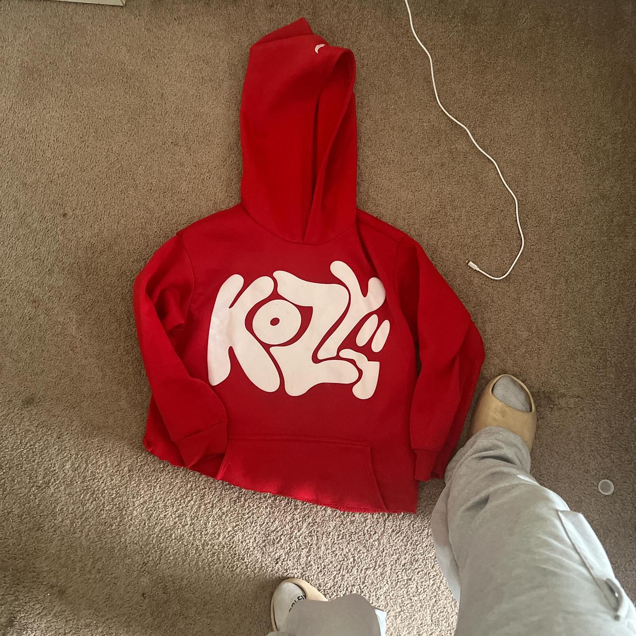 RED & WHITE KOZY HOODIE Depop