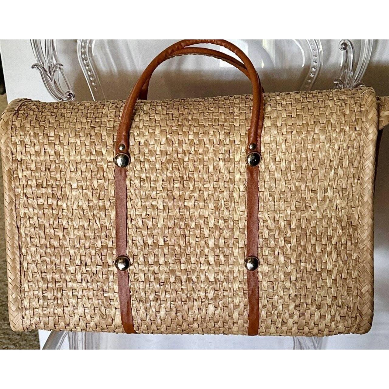 Popular Vtg 60s ACAPULCO Straw Woven Large Shopper Tote Beach Bag w 3D Rattan Flowers