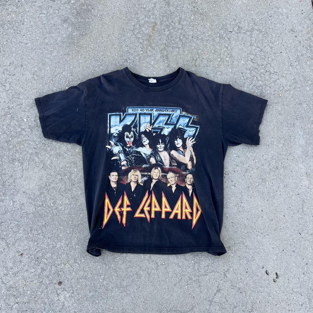 Kiss // Def Leppard band tee super faded holes and... - Depop