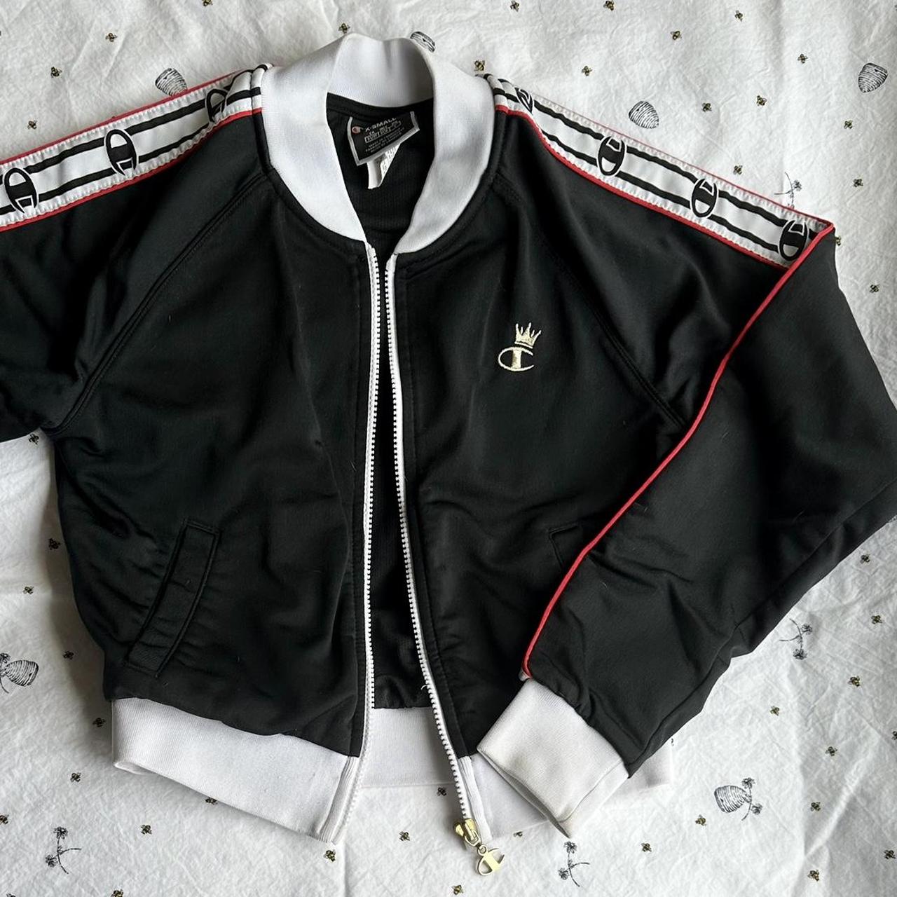 Black and White Champion Track Zip Up Sweatshirt Depop