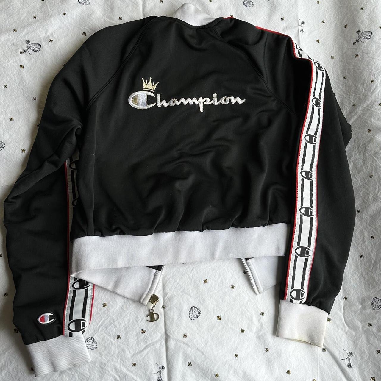 Black and White Champion Track Zip Up Sweatshirt Depop