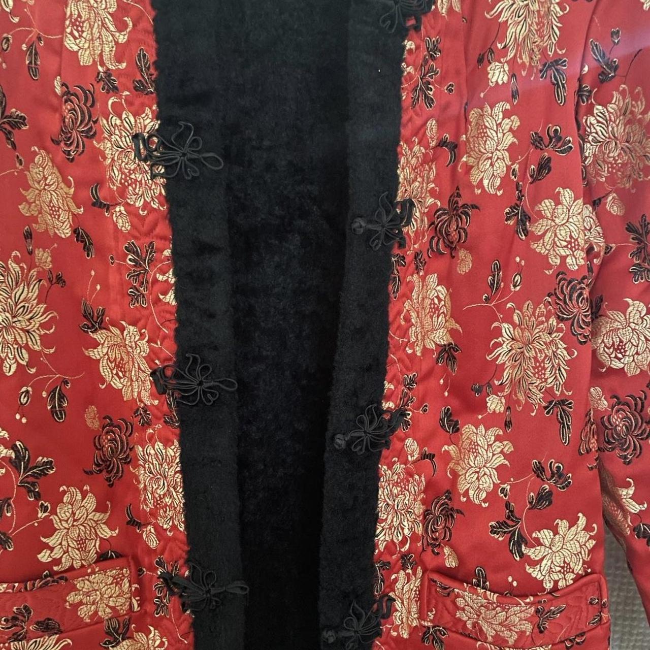 Vintage Asian, Sherpa Lined good Red Floral Brocade Reversible Jacket. Good condition