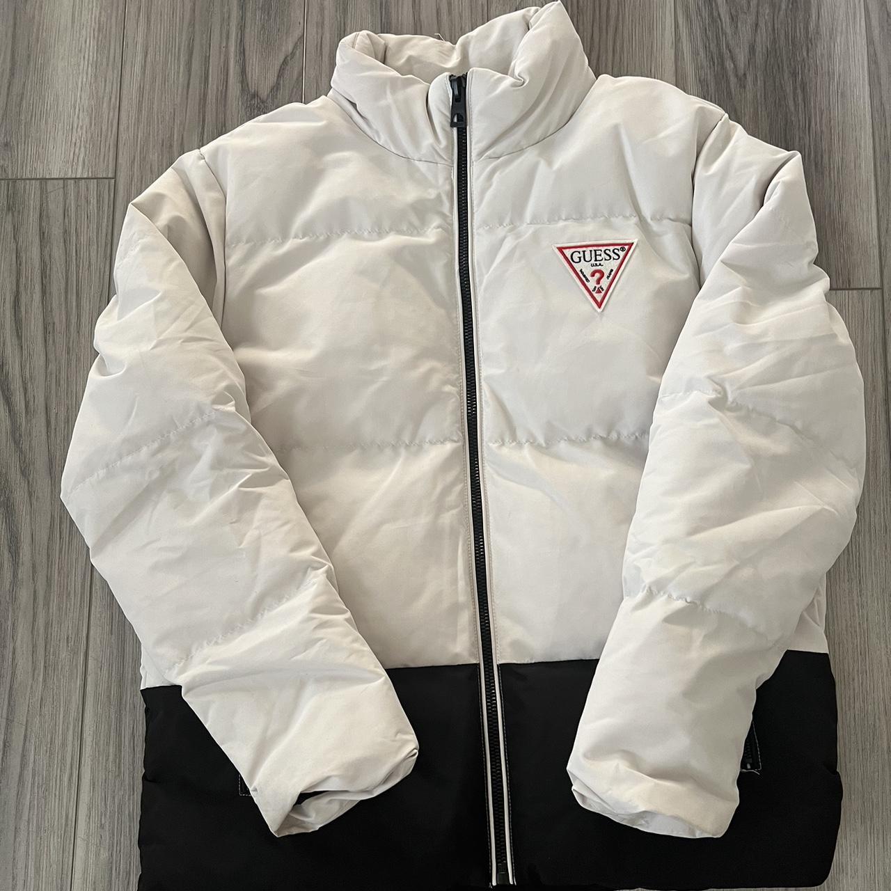 GUESS cream and white puffer jacket Depop