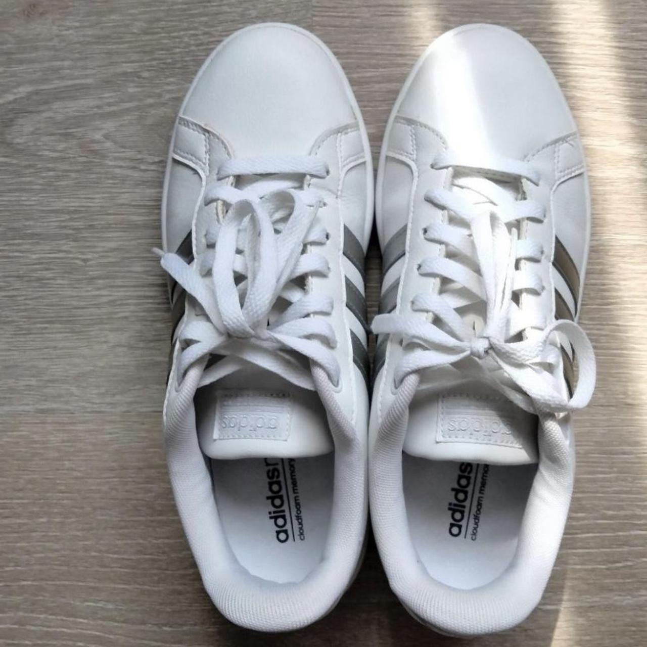 white leather adidas sneakers neo cloudfoam memory... - Depop