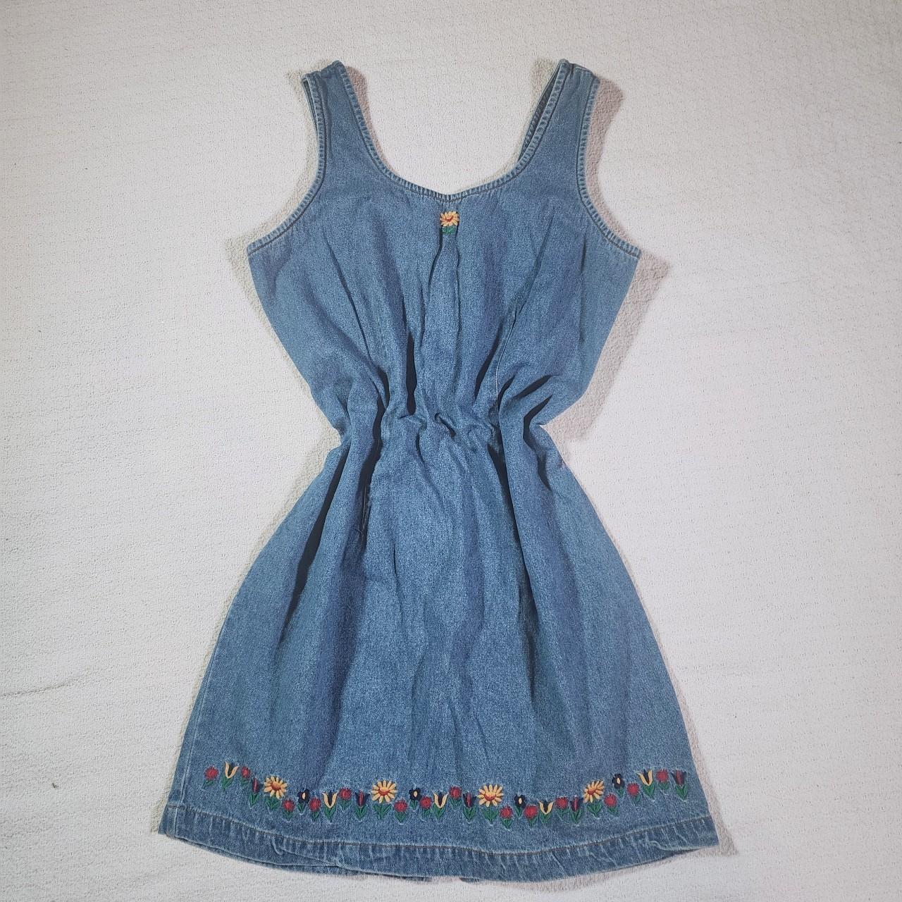 Vintage denim mini dress with embroidered floral... - Depop