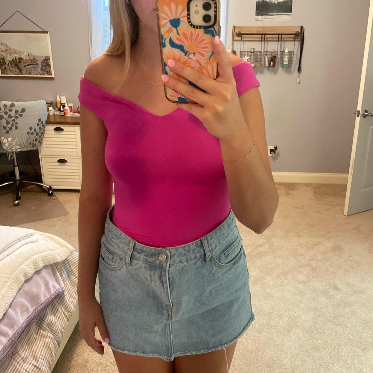 Zara satin shoulder pad pink bodysuit top Size: - Depop