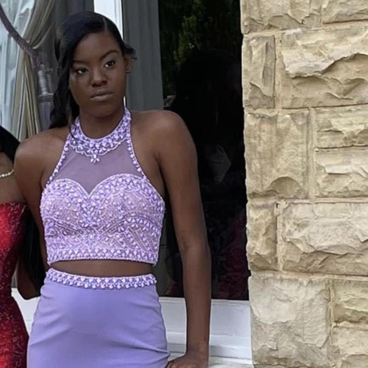 Two piece purple prom on sale dress