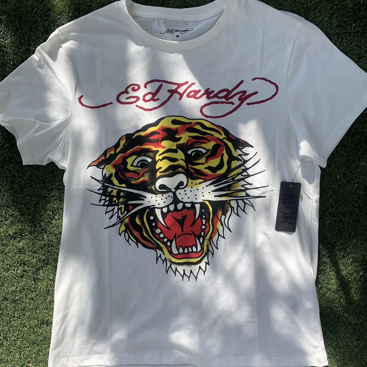 Ed Hardy Mens White Tiger Print Short Sleeve Crew... - Depop