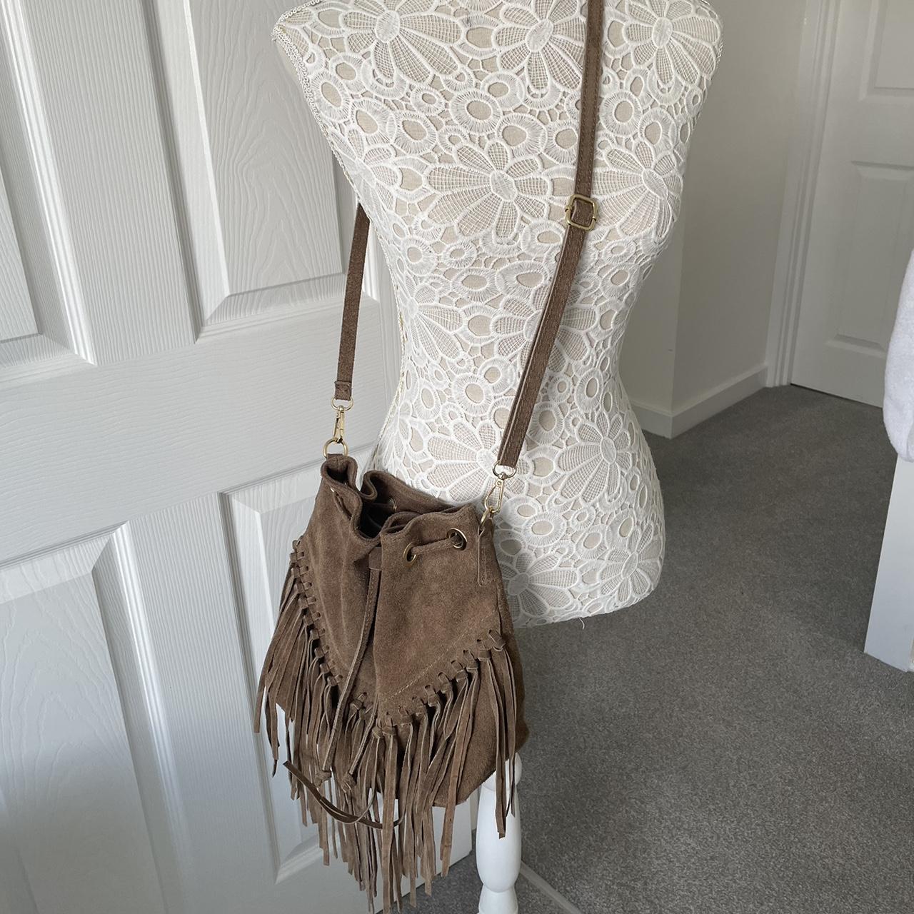 Real leather suede duffle festival fringed boho bag... Depop