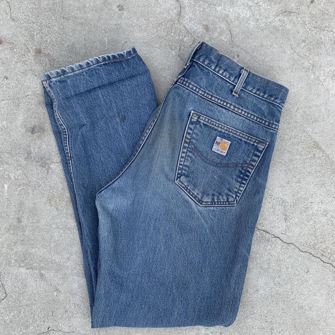 Blue carhart jeans, straight fit, fire resistant... - Depop