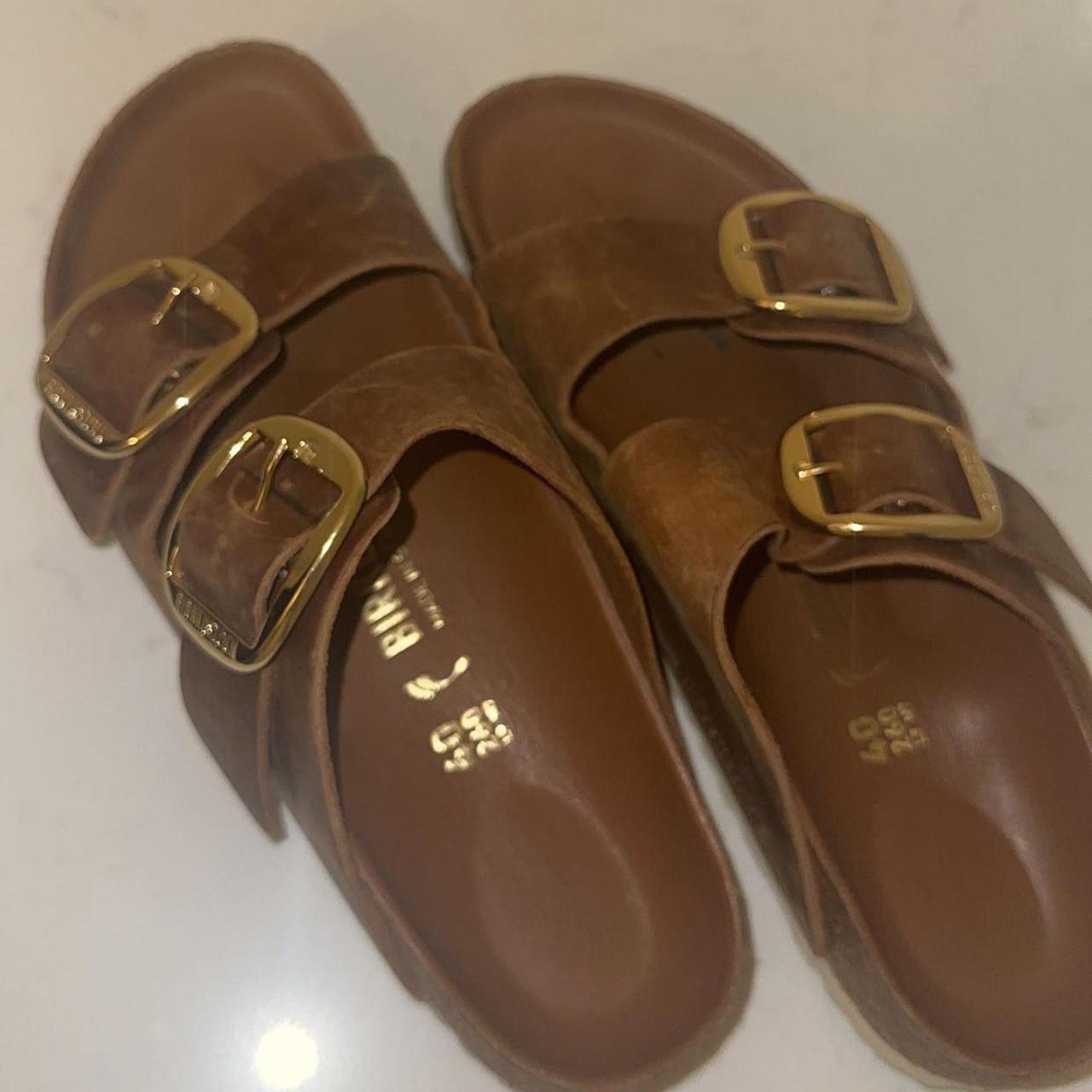 Birkenstock Sandals Brown With Golds Buckles Size 40 - Depop