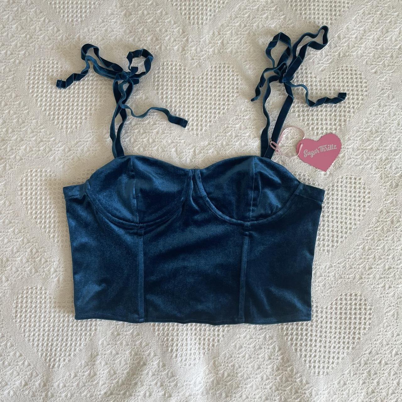 velvet bustier top blue size small bust 34 free - Depop