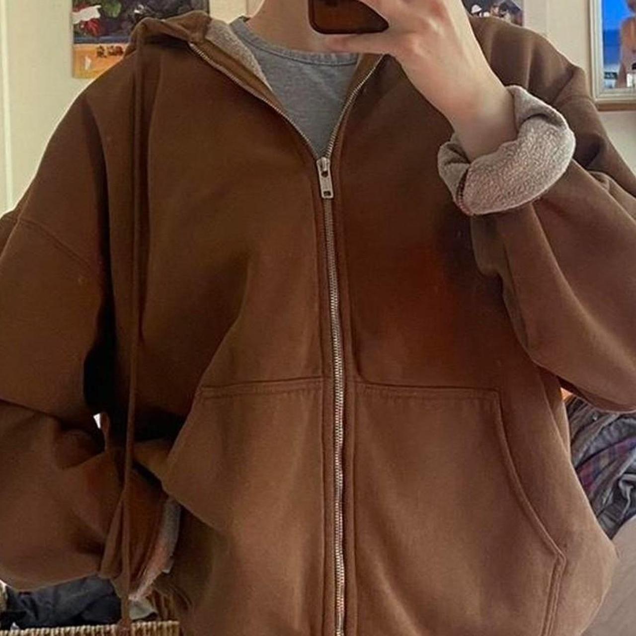Brandy melville brown zip up hoodie, one size but - Depop